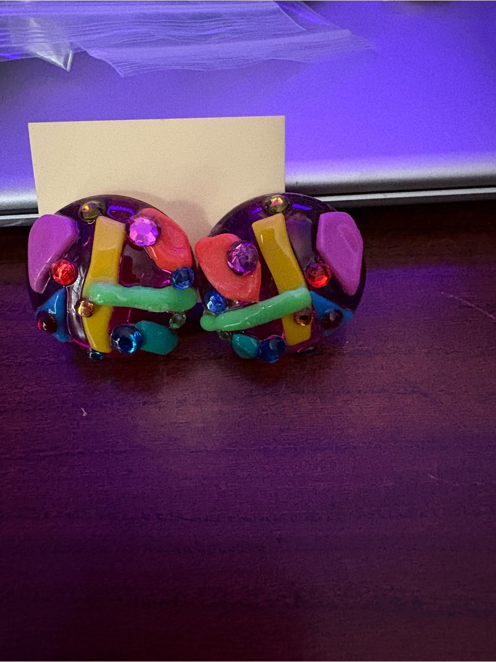 Multicolor Abstract Resin Button Earrings - Vibrant Purple Accent